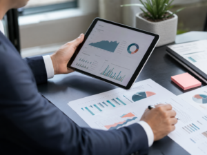 財務資料とタブレットを使って企業価値を確認する様子
