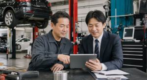 整備工場で事業価値を確認する経営者とアドバイザー