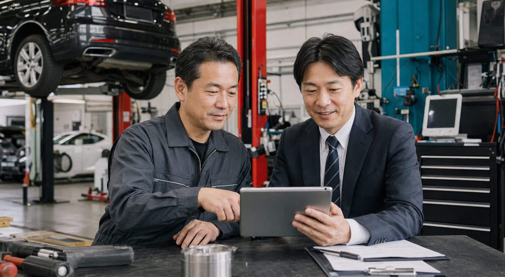 整備工場で事業価値を確認する経営者とアドバイザー