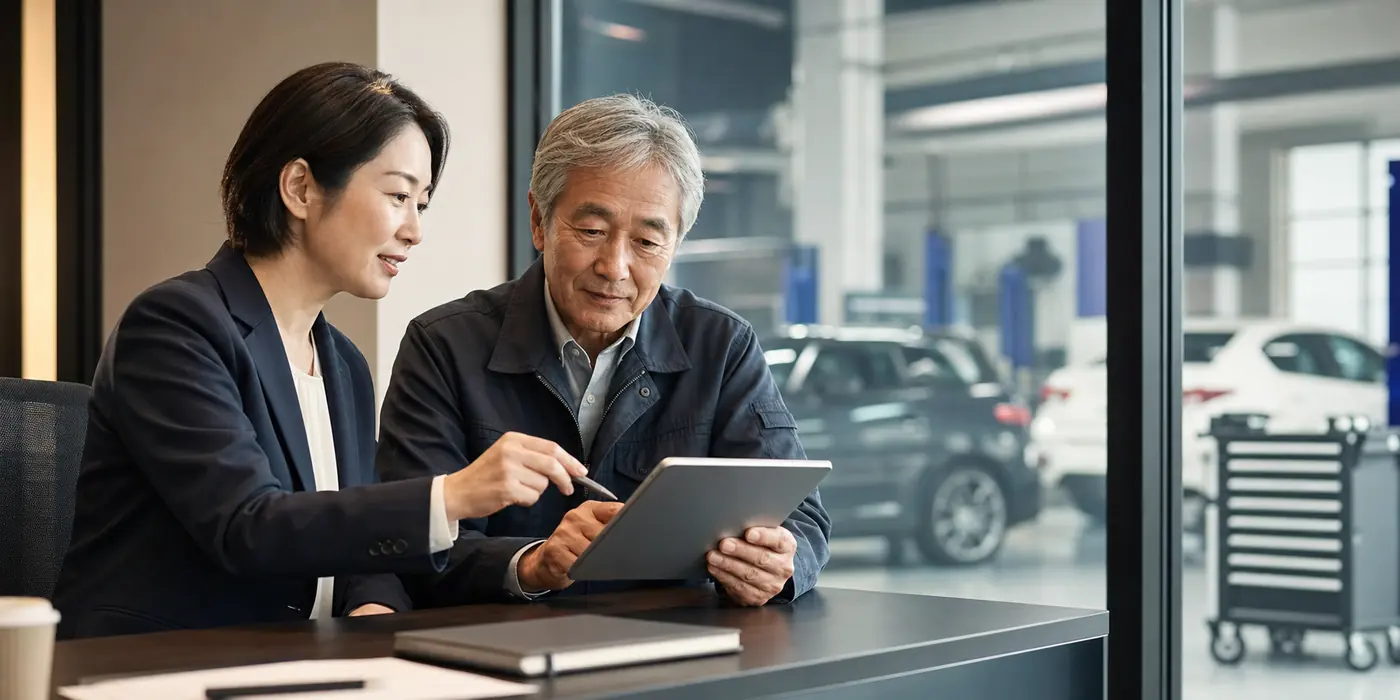 自動車会社の売却条件を相談する経営者とアドバイザー