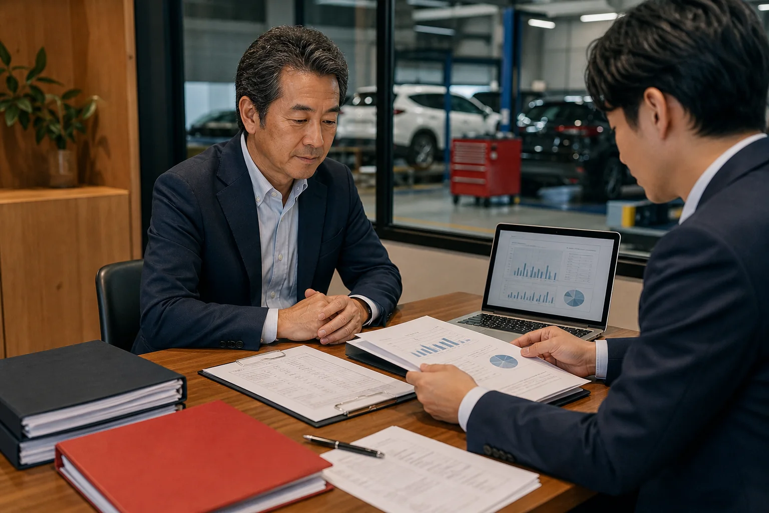 自動車M&Aの資料を確認する相談風景