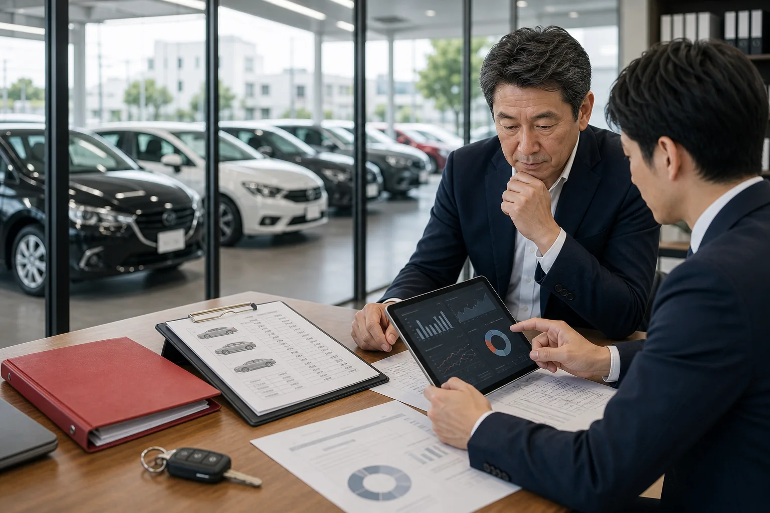 自動車会社の企業価値評価を相談する様子