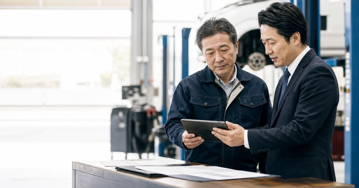 自動車整備工場で事業承継について相談する経営者とアドバイザー