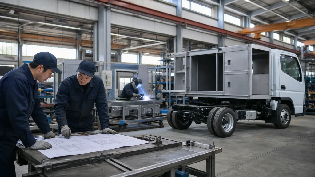 特装車会社 M&Aの検討対象となる車体架装工場で、技術者が商用車シャシーと設計図面を確認する様子
