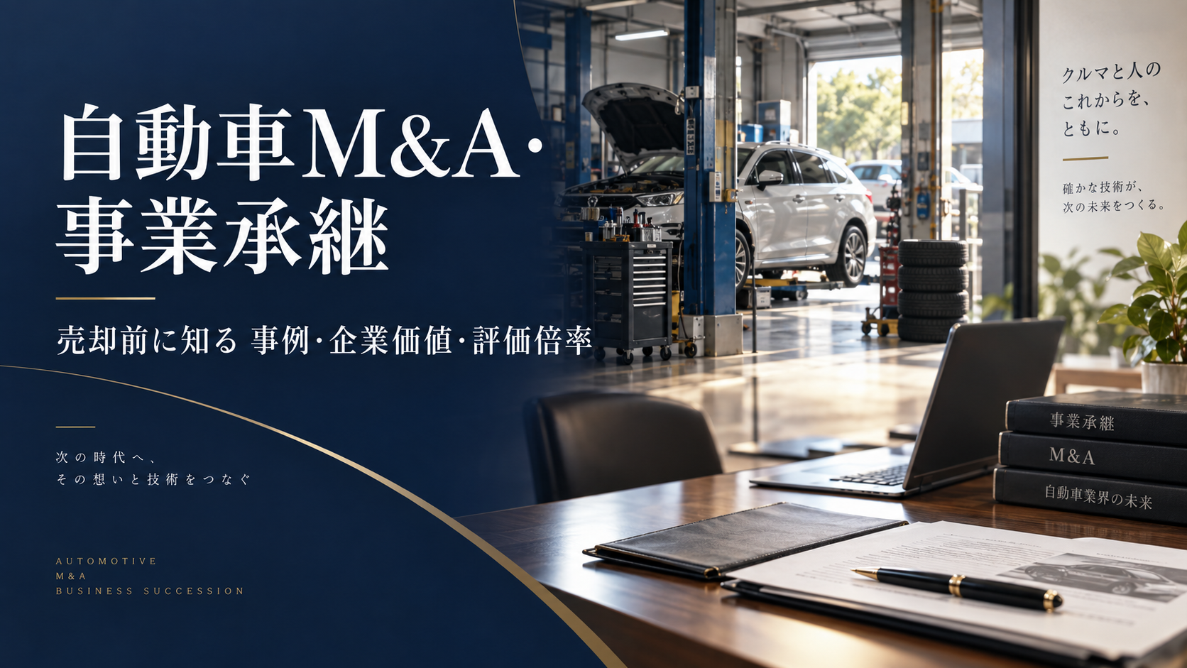 自動車M&A・事業承継の総合ガイド。整備工場と経営相談の場を描いたアイキャッチ